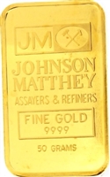 Johnson Matthey & Kredietbank S.A Luxembourgeoise 50 Grams Minted 24 Carat Gold Bullion Bar 999.9 Pure Gold