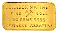 Johnson Matthey, London 20 Grams Minted 24 Carat Gold Bullion Bar 999.9 Pure Gold