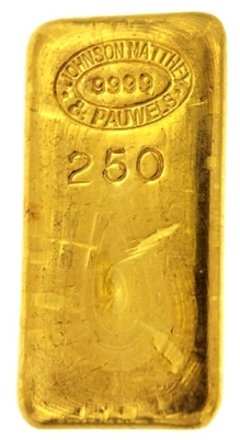 Johnson Matthey & Pauwels 250 Grams Cast 24 Carat Gold Bullion Bar 999.9 Pure Gold