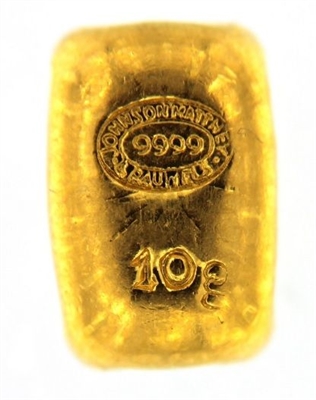 Johnson Matthey & Pauwels 10 Grams Cast 24 Carat Gold Bullion Bar 999.9 Pure Gold
