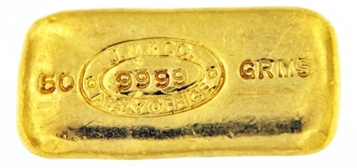 Johnson Matthey - J.M & CO. ASSAY OFFICE - 50 Grams Cast 24 Carat Gold Bullion Bar 999.9 Pure Gold