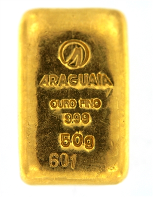 Araguaia Brazil 50 Grams Cast 24 Carat Gold Bullion Bar 999 Pure Gold