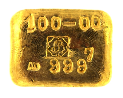 P.C. Boschmans 100 Grams Cast 24 Carat Gold Bullion Bar 999.7 Pure Gold