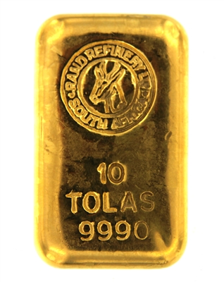 Rand Refinery 10 Tolas (116.6 Gr.) Cast 24 Carat Gold Bullion Bar 999.0 Pure Gold