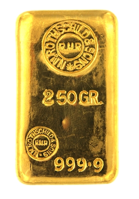 N.M Rothschild & Sons 250 Grams Cast 24 Carat Gold Bullion Bar 999.9 Pure Gold