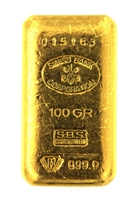 Swiss Bank Corporation 100 Grams Cast 24 Carat Gold Bullion Bar 999.9 Pure Gold