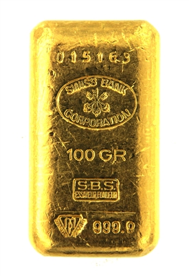 Swiss Bank Corporation 100 Grams Cast 24 Carat Gold Bullion Bar 999.9 Pure Gold
