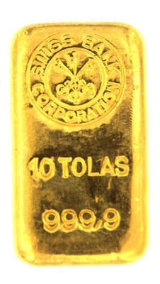Swiss Bank Corporation 10 Tolas (116.6 Gr.) Cast 24 Carat Gold Bullion Bar 999.9 Pure Gold