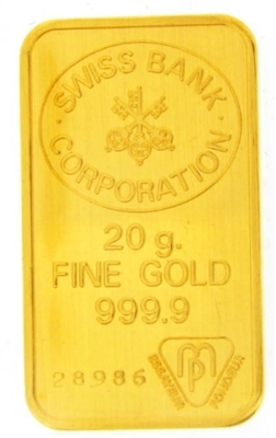 Swiss Bank Corporation 20 Grams Minted 24 Carat Gold Bullion Bar 999.9 Pure Gold