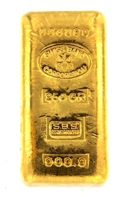 Swiss Bank Corporation 250 Grams Cast 24 Carat Gold Bullion Bar 999.9 Pure Gold
