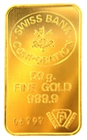 Swiss Bank Corporation 50 Grams 24 Carat Gold Bullion Bar 999.9 Pure Gold