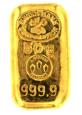 Swiss Bank Corporation & J. Gambert Essayeur 50 Grams Cast 24 Carat Gold Bullion Bar 999.9 Pure Gold