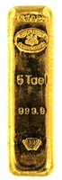 Swiss Bank Corporation 5 Tael (6.01 Oz - 187 Gr.) Cast 24 Carat Gold Bullion Biscuit Bar 999.9 Pure Gold