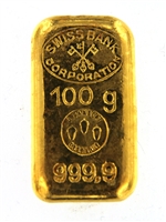 Swiss Bank Corporation & J. Gambert Essayeur 100 Grams Cast 24 Carat Gold Bullion Bar 999.9 Pure Gold