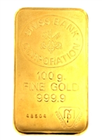 Swiss Bank Corporation 100 Grams 24 Carat Gold Bullion Bar 999.9 Pure Gold