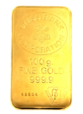 Swiss Bank Corporation 100 Grams 24 Carat Gold Bullion Bar 999.9 Pure Gold