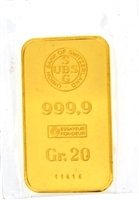 Union Bank of Switzerland 20 Grams Minted 24 Carat Gold Bullion Bar 999.9 Pure Gold