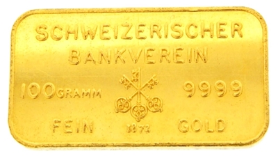 Schweizerischer Bankverein & Johnson Matthey 100 Grams 24 Carat Gold Bullion Bar 999.9 Pure Gold