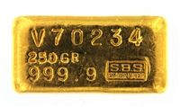 SociÃ©tÃ© de Banque Suisse (S.B.S) 250 Grams Cast 24 Carat Gold Bullion Bar 999.9 Pure Gold