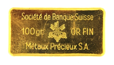 SociÃ©tÃ© de Banque Suisse MÃ©taux PrÃ©cieux S.A 100 Grams 24 Carat Gold Bullion Bar 999.8 Pure Gold