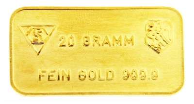 Schweizerischer Bankverein - Swiss Bank Corporation - 20 Grams Minted 24 Carat Gold Bullion Bar 999.9 Pure Gold