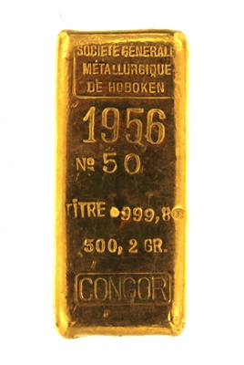 1956 SociÃ©tÃ© GÃ©nÃ©rale MÃ©tallurgique De Hoboken - CONGOR - 500,2 Grams Cast 24 Carat Gold Bullion Bar 999.8 Pure Gold