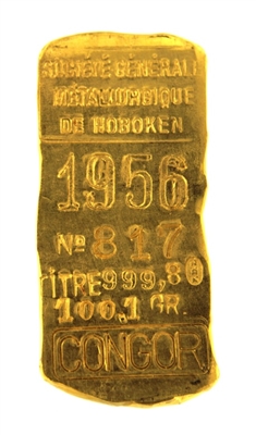 1956 SociÃ©tÃ© GÃ©nÃ©rale MÃ©tallurgique De Hoboken - CONGOR - 100,1 Grams 24 Carat Gold Bullion Bar 999.8 Pure Gold with Assay Certificate