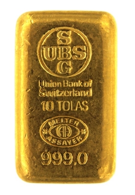 Union Bank of Switzerland 10 Tolas (116.6 Gr.) Cast 24 Carat Gold Bullion Bar 999.0 Pure Gold