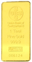 Union Bank of Switzerland (former UBS) 1 Tael (37.42 Gr.) Minted 24 Carat Gold Bullion Bar 999.9 Pure Gold in Assay Certificate Holder