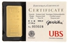 UBS 1 Tael (37.50 Gr.) Minted 24 Carat Gold Bullion Bar 999.9 Pure Gold in Assay Certificate Holder
