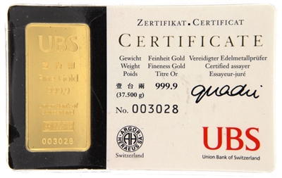 UBS 1 Tael (37.50 Gr.) Minted 24 Carat Gold Bullion Bar 999.9 Pure Gold in Assay Certificate Holder