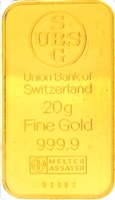 Union Bank of Switzerland (former UBS) 20 Grams Minted 24 Carat Gold Bullion Bar 999.9 Pure Gold