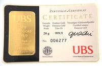 UBS - Union Bank of Switzerland 20 Grams 24 Carat Gold Bullion Bar 999.9 Pure Gold in Assay Certificate Holder