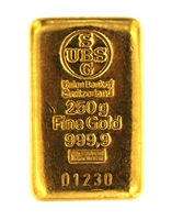 Union Bank of Switzerland 250 Grams Cast 24 Carat Gold Bullion Bar 999.9 Pure Gold