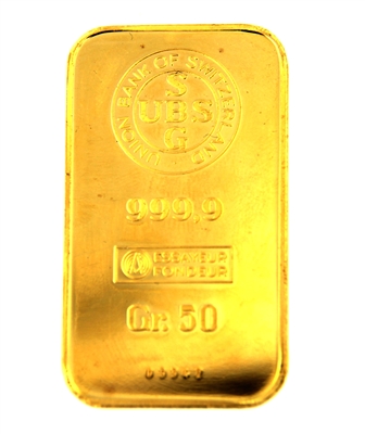 Union Bank of Switzerland 50 Grams Minted 24 Carat Gold Bullion Bar 999.9 Pure Gold