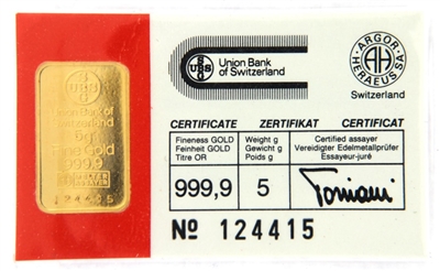 Union Bank of Switzerland 5 Grams Minted 24 Carat Gold Bullion Bar 999.9 Pure Gold in Assay Certificate Holder