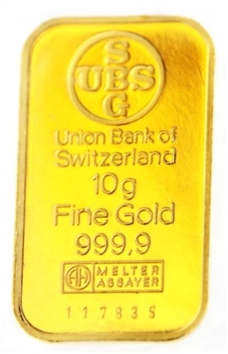 Union Bank Of Switzerland 10 Grams Minted 24 Carat Gold Bullion Bar 999.9 Pure Gold