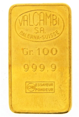 Valcambi 100 Grams Minted 24 Carat Gold Bullion Bar 999.9 Pure Gold