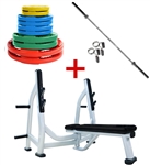 French Fitness Colored Rubber Grip Weight Plate Set w/7 ft Olympic Bar 235 lbs + Bench Image