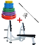 French Fitness Colored Rubber Grip Weight Plate Set w/7 ft Olympic Bar 305 lbs + Bench Image