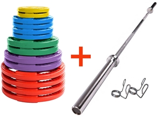 French Fitness Colored Rubber Grip Weight Plate Set w/7 ft Olympic Bar 395 lbs Image