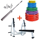 French Fitness Colored Rubber Grip Weight Plate Set w/7 ft Olympic Bar 395 lbs + Bench Image