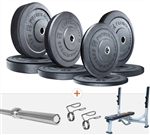 French Fitness Olympic Bumper Plate Set w/7 ft Olympic Bar 235 lbs + Bench - Crumb Rubber Image