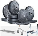 French Fitness Olympic Bumper Plate Set w/7 ft Olympic Bar 325 lbs + Bench - Crumb Rubber Image