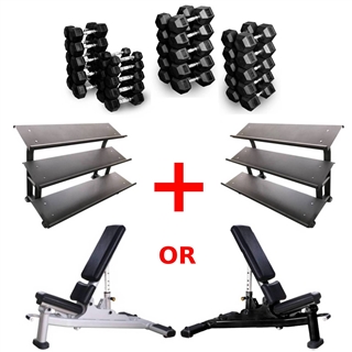 French Fitness Rubber Hex Dumbbell Set 5 to 100 lbs w/Bench + (2) 3 Tier Dumbbell Racks Image