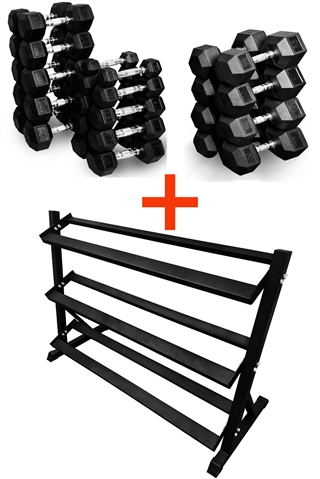 French Fitness Rubber Coated Hex Dumbbell Set 5-70 lbs w/Rack Image