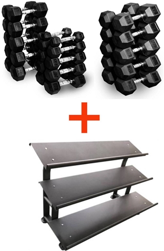 French Fitness Rubber Hex Dumbbell Set 5 to 75 lbs w/3 Tier Dumbbell Rack Image