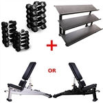 French Fitness Rubber Hex Dumbbell Set 5 to 75 lbs w/Bench + 3 Tier Dumbbell Rack Image