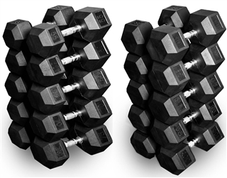 French Fitness Rubber Coated Hex Dumbbell Set 55-100 lbs Image