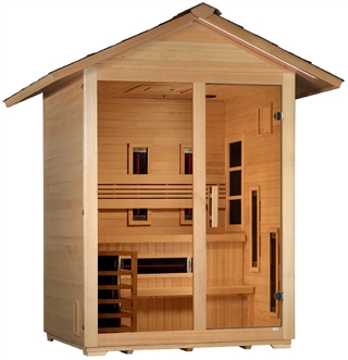 Golden Designs GDI-8123-01 Carinthia 3 Person Hybrid (PureTech Full Spectrum IR or Traditional Stove) Outdoor Sauna - Canadian Hemlock | Image